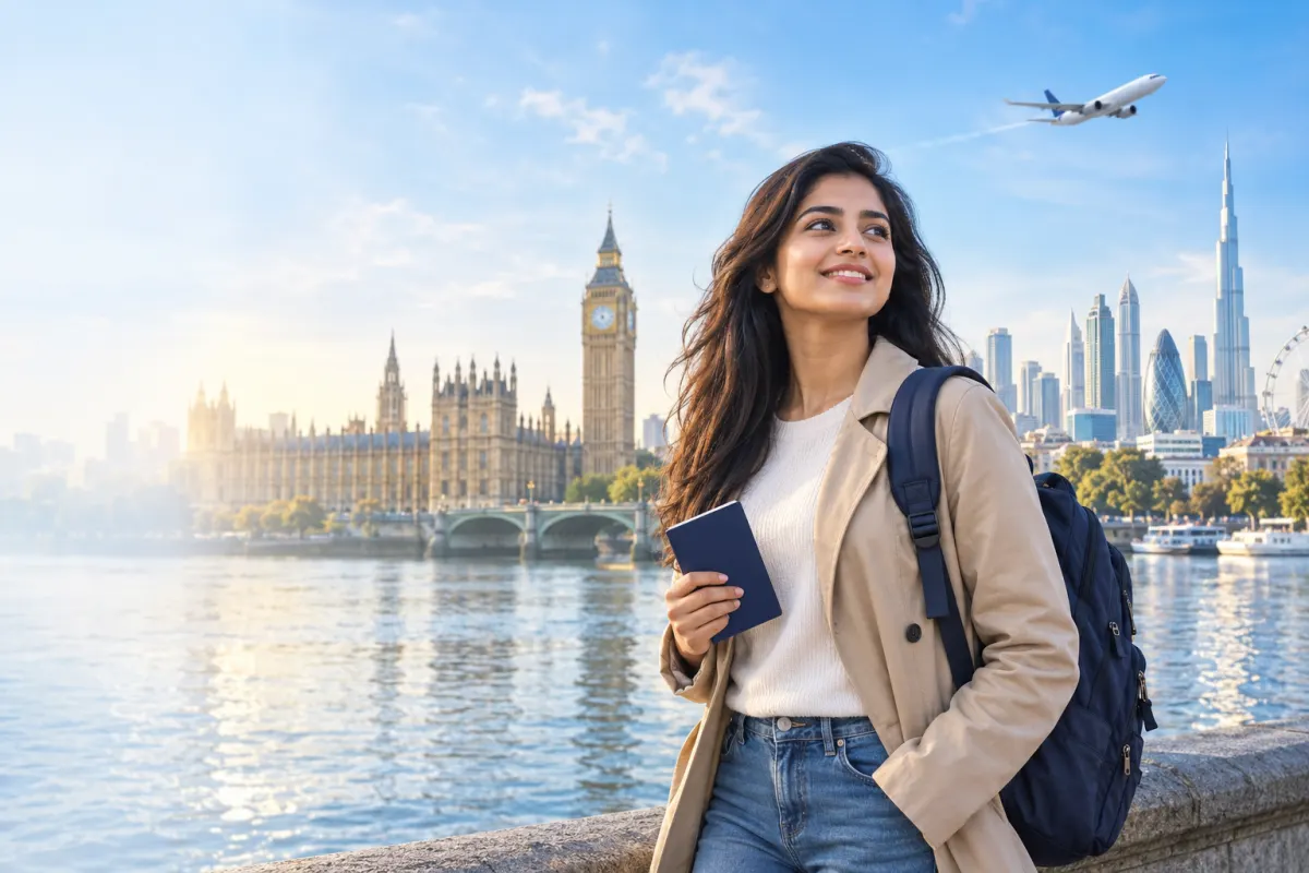 Illustrative global travel scene with a student and an international city skyline